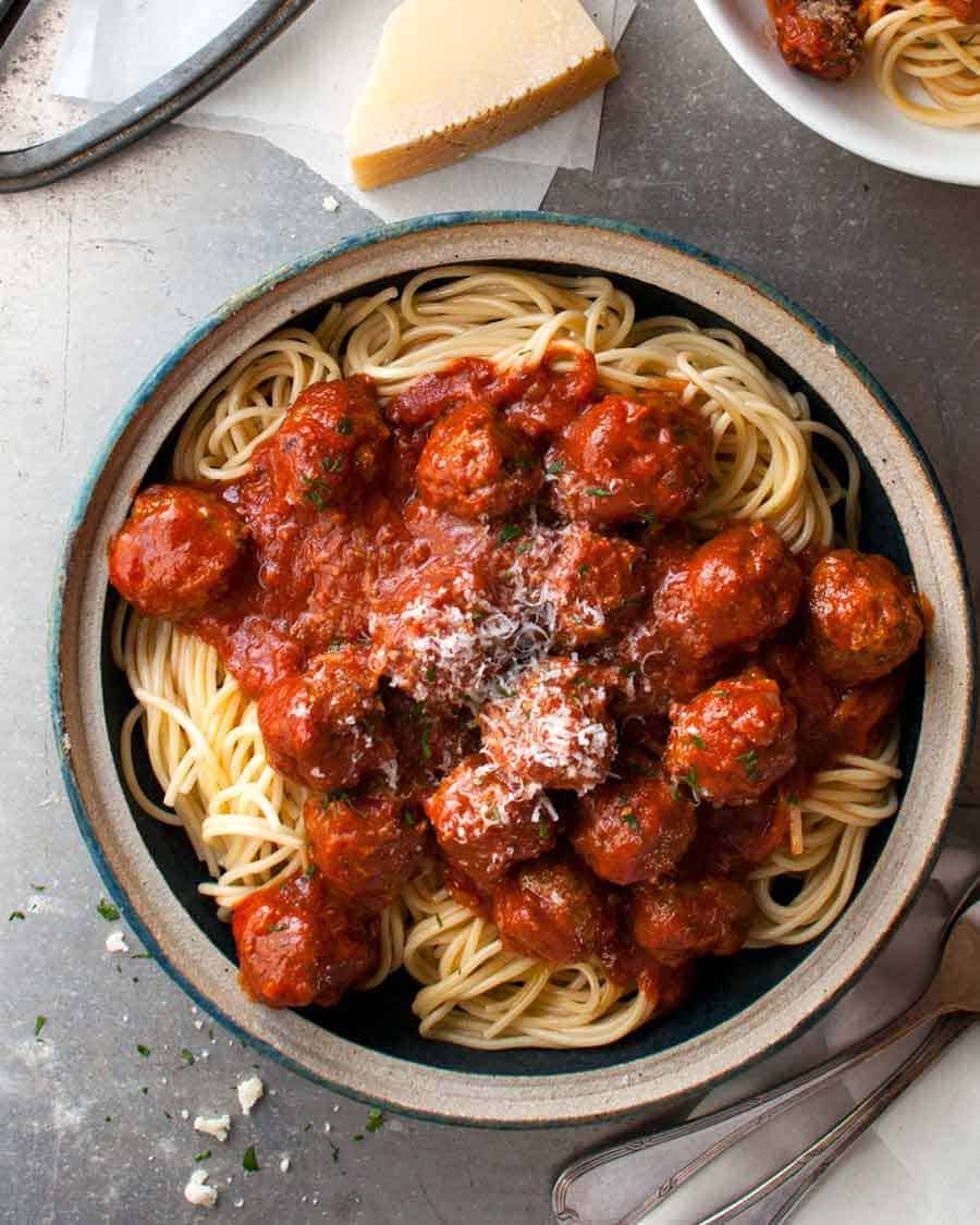 Overhead photo of Italian Meatballs with Spaghetti, read to be served