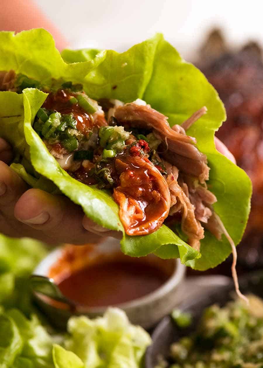 Close up of Momofuku Bossam lettuce wrap