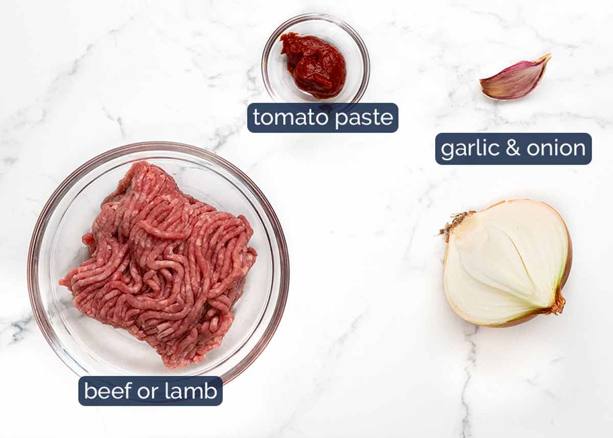 Ingredients for Moroccan stuffed eggplant - spiced beef or lamb