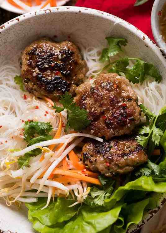 Overhead photo of Bun Cha - Vietnamese Meatballs noodle bowls, ready to be eaten